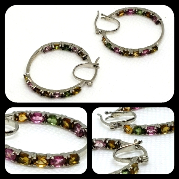 Tourmaline Multicolored Hoop Sterling Silver Earrings - Picture 3 of 4
